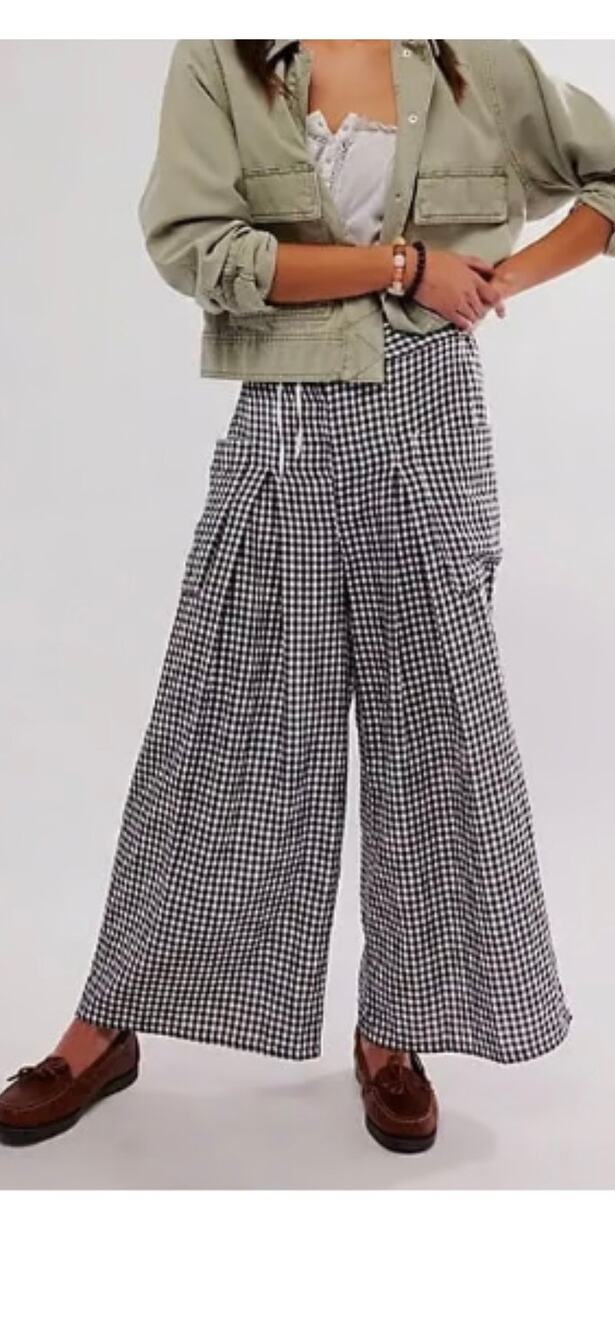 Free people Wide Leg Gingham Checkered Women XL Soft Boho Black and White